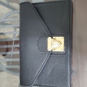 NWOT VEGAN LEATHER BLACK WALLET CLUTCH 5×8" GOLD FRONT LOCK